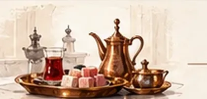 Turkish tea, lokum and a copper teapot on a tray