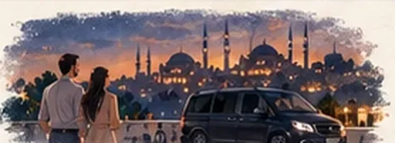 A couple looks over the old city skyline at dusk, a van waiting